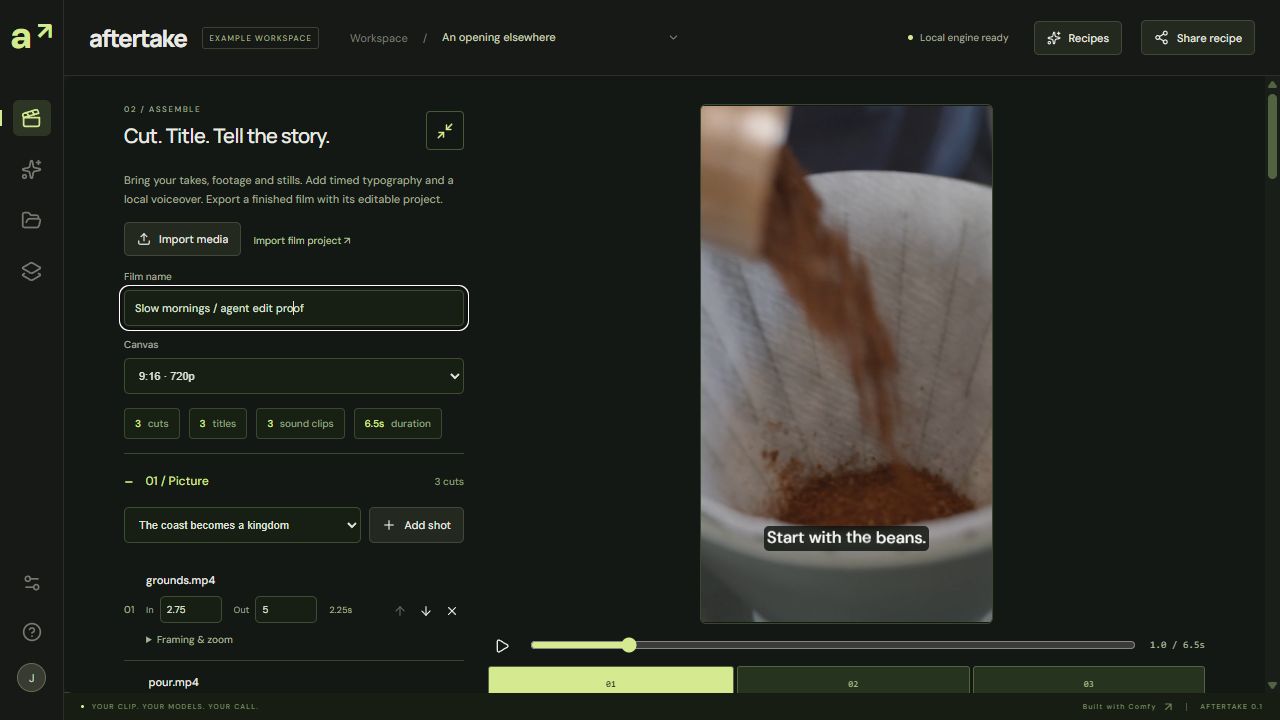Aftertake Film editor showing the agent-created portrait coffee edit and its three-shot timeline