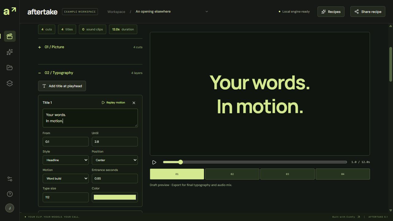Aftertake Film editor with editable title text, word-build motion, entrance duration and type size beside a live preview