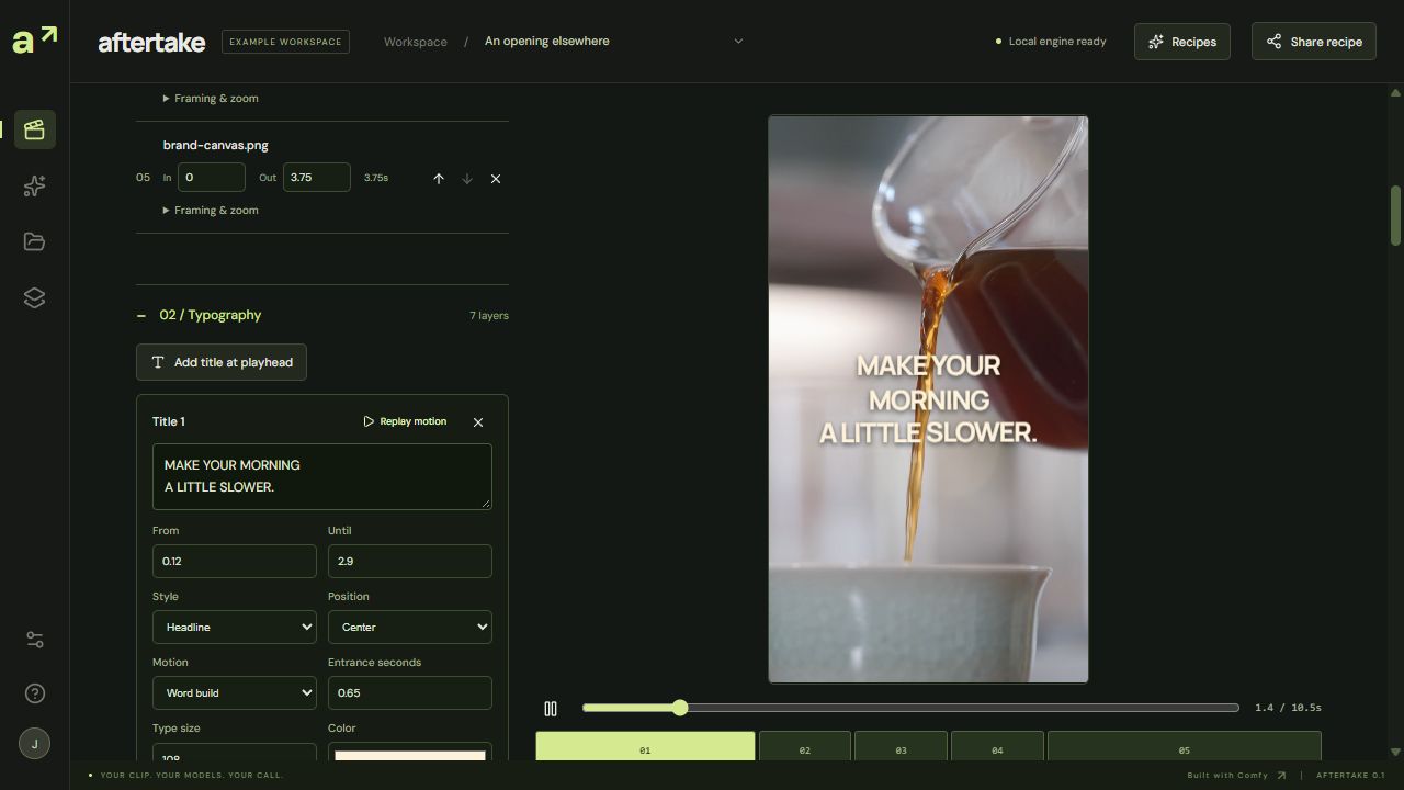 Aftertake’s expanded Film editor showing the editable hook text, word-build settings and vertical coffee ad preview